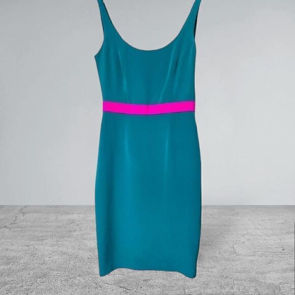 Jay Godfrey Silk Color Block Teal Hot pink Cowl Back Sheath Dress Size 2 - Picture 1 of 10